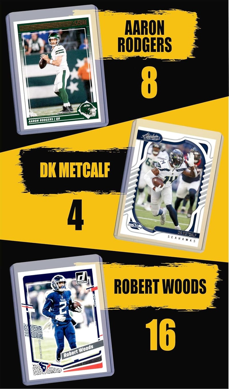 Chaser Pittsburgh Steelers Cards: Aaron Rodgers, Jaylen Warren, Pat Freiermuth, DK Metcalf, Calvin Austin III, Robert Woods, Ben Roethlisberger, T.J. Watt, Jerome Bettis ASSORTED Football Stars & GOATs Trading Card & Wristbands Gift Pack - Image 3